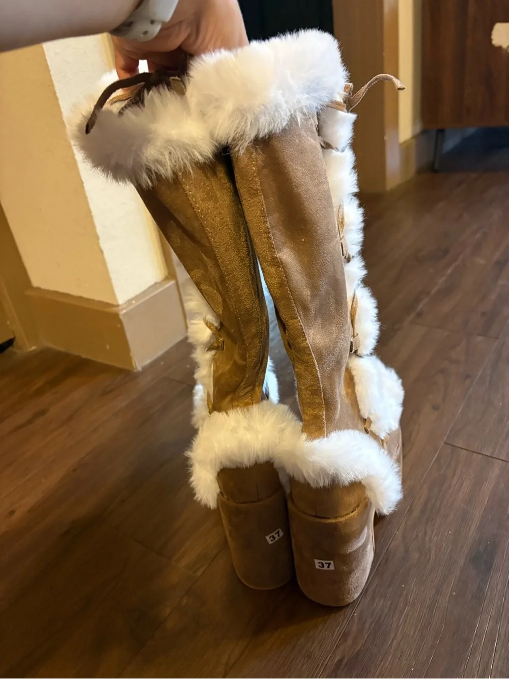 Tall Faux-Fur Trim Platform Boots in Tan